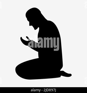 Jeune homme musulman priant le salat, silhouette noire, traditionnellement vêtu d'un homme musulman faisant une supplication (salah) tout en étant assis sur un tapis de prière Illustration de Vecteur