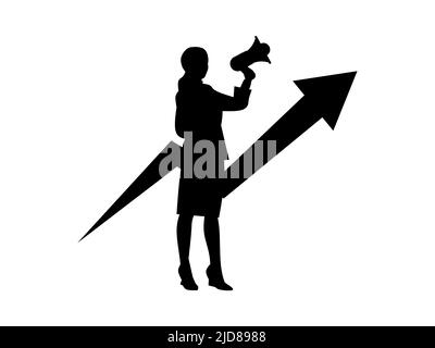 Silhouette noire d'une jeune femme tenant un mégaphone sur un fond blanc Illustration de Vecteur