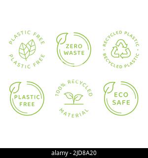 Protection écologique, aucun déchet et matériau recyclé. Jeu d'étiquettes vectorielles, sans plastique, écologique avec cycle de feuilles. Illustration de Vecteur