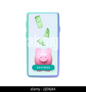 3D banque de porc réaliste avec téléphone mobile. Modèle d'entreprise économie d'argent. Concept de banque de piggy de dépôt d'argent et d'investissement pour l'application financière ou de ser Illustration de Vecteur