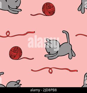 Motif vectoriel sans couture avec chats gris sur fond rose. Joli motif chaton et boule de papier peint. Textile de mode animal. Illustration de Vecteur