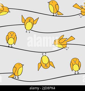 Motif vectoriel sans couture avec oiseaux jaunes sur la ligne. Motif papier peint animaux, mignon et simple, idéal pour le tissu, le textile et la mode. Illustration de Vecteur