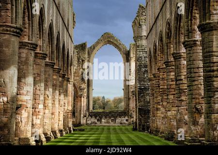 L'église Nave à l'abbaye de Fountains avec des rangées de piliers circulaires et une fenêtre voûtée, Ripon, Angleterre, Royaume-Uni. Banque D'Images