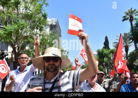 Tunis, Tunisie. 19th juin 2022. Un manifestant tient le livret constitutionnel au cours d'une marche en signe de protestation contre le président tunisien Kais Saied. Le Front national du Salut a organisé une marche de protestation contre le Président tunisien Kais Saied, de la place de la République 'passage' vers le Théâtre municipal dans le centre de la capitale. Crédit : SOPA Images Limited/Alamy Live News Banque D'Images