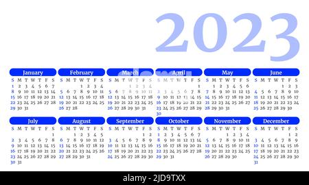 Modèle de calendrier bleu pour 2023 ans. La semaine commence le dimanche. Mise en page de l'album planificateur mensuel dans un style minimaliste. Grille horizontale de la table. Organisation de l'ordre du jour Illustration de Vecteur