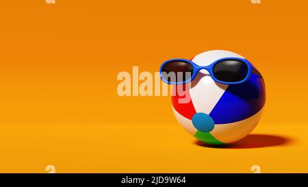 Ballon gonflable de plage dans des lunettes de soleil sur fond jaune. Concept vacances d'été. 3D rendu Banque D'Images