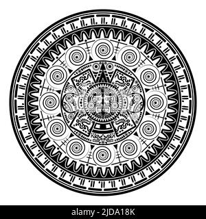 Sacré Aztec roue calendrier Mayan soleil dieu, les symboles Maya masque ethnique, noir tatouage cadre rond cadre bordure vieux logo icône vecteur illustration isolée Illustration de Vecteur