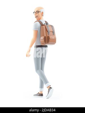 3d homme senior marchant avec sac à dos, illustration isolée sur fond blanc Banque D'Images