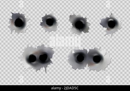 Trous de balle de pistolet ou de pistolet. Photographiez en métal à trou simple ou double. Dommages et fissures sur la surface. Vecteur isolé en arrière-plan Illustration de Vecteur