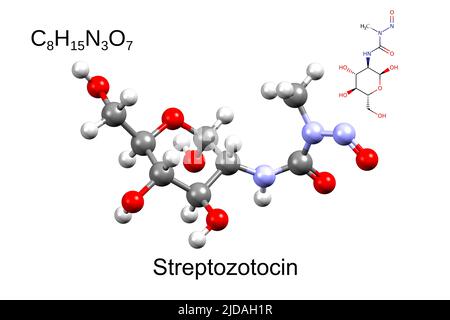 Formule chimique, formule squelettique et modèle à 3D boules et bâtonnets de la streptozotocine, substance chimiothérapeutique, fond blanc Banque D'Images