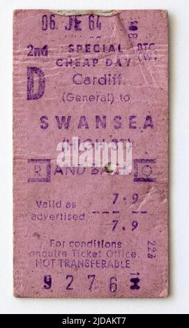 Billet de train 1960s British Rail de Cardiff à Swansea Banque D'Images