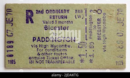 1970s British Rail train Ticket Bicester to Paddington Banque D'Images