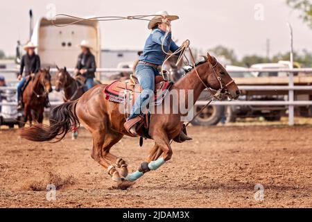 Rider féminin en compétition dans la course de canon à cheval au Country Rodeo Australie Banque D'Images