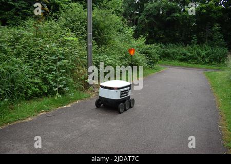 Robot de livraison d'épicerie Starship sur un sentier à Milton Keynes. Banque D'Images