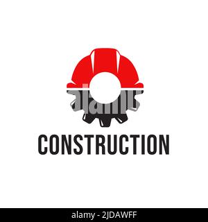 Casque de construction rouge avec motif vectoriel Gear Icon simple Illustration de Vecteur