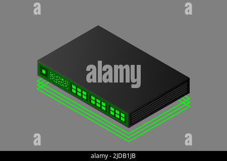 Illustration d'un commutateur isométrique avec vecteur de port de liaison ascendante Illustration de Vecteur