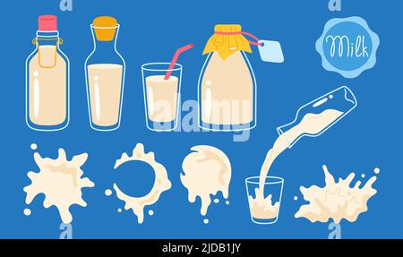 Kit de dessin animé pour produits laitiers. Affiche de la gamme de produits alimentaires de la ferme contenant du yogourt, de la boisson dans un verre, une carafe, une bouteille ou un carton. Les produits laitiers naturels éclabousse les gouttes goutte à goutte. Illustration vectorielle Illustration de Vecteur