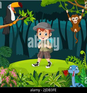 Cartoon explorer garçon avec des animaux dans la jungle Illustration de Vecteur