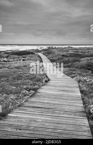 Promenade en bois à travers le moorland menant au rivage rocheux à Cape Agulhas, la pointe la plus méridionale du continent africain et la mar... Banque D'Images