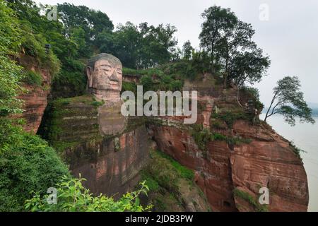 Le Bouddha géant de Leshan, la plus grande et la plus grande statue de Bouddha en pierre du monde, sculpté dans la face rocheuse sur les falaises rouges en grès surplombant... Banque D'Images