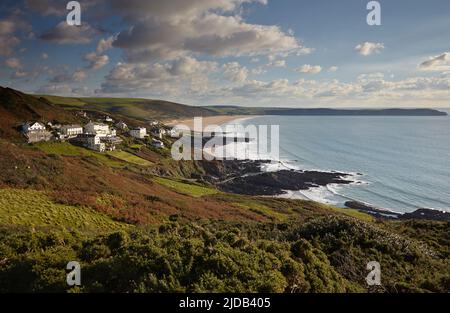 Une vue sur Woolacombe Beach depuis Mortehoe, près de Barnstaple, Devon, Grande-Bretagne ; sud-ouest de l'Angleterre, Grande-Bretagne, Royaume-Uni Banque D'Images