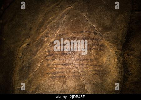 Lignes de charbon de bois dessinées sur le mur de la grotte de Serpievskaya-2 (Kolokolnaya), montagnes de l'Oural ; Russie Banque D'Images