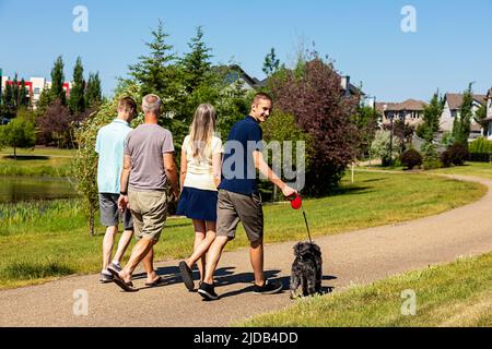 Une famille avec deux fils adolescents marche ensemble dans un parc de quartier avec leur chien lors d'une belle journée ensoleillée; Edmonton, Alberta, Canada Banque D'Images