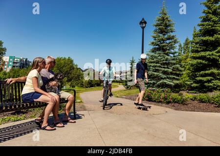 Frères passant du temps ensemble dans le quartier, un sur un vélo et un sur un skateboard, comme les parents s'assoient avec leur chien sur un banc et de regarder Banque D'Images