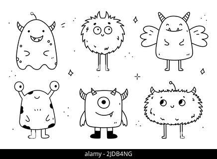 Ensemble de monstres mignons et drôles isolés sur fond blanc. Illustration vectorielle dessinée à la main, style doodle. Parfait pour les motifs, cartes, logo, décorations d'Halloween. Personnages de dessin animé. Illustration de Vecteur