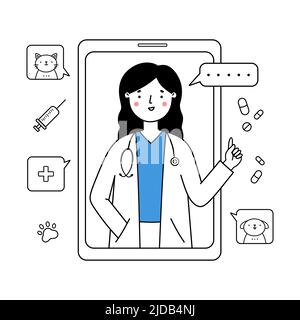 Femme vétérinaire donnant une consultation en ligne. Soins médicaux pour animaux de compagnie utilisant un smartphone. Appel Internet avec un médecin dans une application mobile. Concept de service de santé. Illustration de l'effet vectoriel Illustration de Vecteur