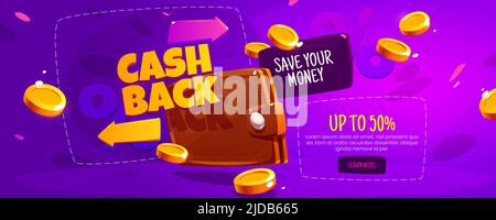 Bannière Web de l'offre de remboursement. Concept de remboursement de l'argent après achat. Fond de promotion de dessin animé vectoriel, page d'arrivée de cashback avec pièces d'or, flèches et portefeuille, signe de pourcentage et bouton en savoir plus Illustration de Vecteur