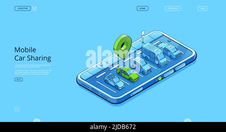 Bannière de partage de voiture mobile avec illustration isométrique du stationnement avec les véhicules sur l'écran du smartphone. Page de renvoi Vector du service en ligne pour louer et partager une automobile Illustration de Vecteur