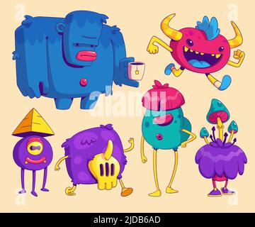 Monstres adorables dans un style d'art contemporain tendance. Ensemble de dessins animés vectoriels de créatures comiques drôles, animaux de fourrure extraterrestres avec dents, cornes, champignons et pyramide sur la tête Illustration de Vecteur