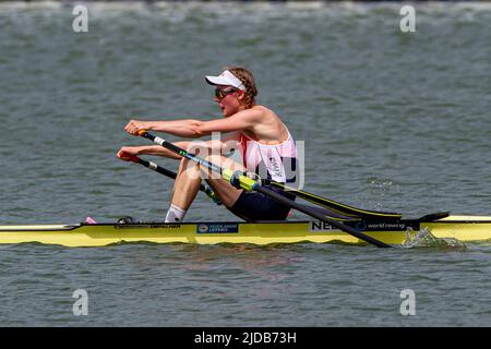 Poznan, Pologne. 19th juin 2022. Karolien Florijn, des pays-Bas, participe à la finale de la coupe d'aviron mondiale II 2022 sur le lac Malte à Poznan, en Pologne, au 19 juin 2022. Credit: Pawel Jaskolka/Xinhua/Alamy Live News Banque D'Images