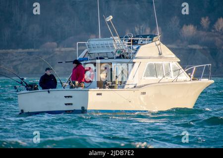 Le bateau charter basé à Homer, obsession, trolls pour les rois pendant le Homer Winter King Salmon Tournament 2018 ; Alaska, États-Unis d'Amérique Banque D'Images