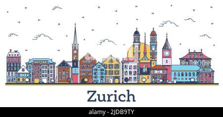 Contour Zurich Suisse Skyline de la ville avec des bâtiments historiques colorés isolés sur blanc. Illustration vectorielle. Zurich CityScape avec des monuments. Illustration de Vecteur