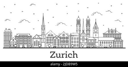 Contour Zurich Suisse Skyline avec bâtiments historiques isolés sur blanc. Illustration vectorielle. Zurich CityScape avec des monuments. Illustration de Vecteur