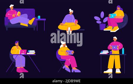 Ensemble de personnes avec des gadgets à la maison et au bureau. Les hommes et les femmes qui utilisent un smartphone, une tablette et un ordinateur portable travaillent, appellent, envoient des messages, discutent, envoient des SMS, Lecture de flux de nouvelles, illustration vectorielle plate Line art Illustration de Vecteur