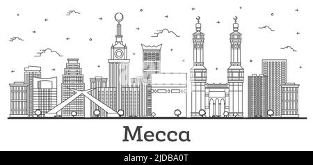 Aperçu de la Mecque ville d'Arabie Saoudite Skyline avec bâtiments historiques isolés sur blanc. Illustration vectorielle. La Mecque du paysage urbain avec des monuments. Illustration de Vecteur