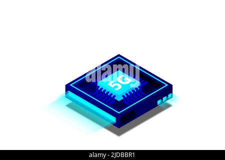 Illustration du processeur réseau 5G. Internet sans fil mobile de nouvelle génération. Micro-puce futuriste isométrique. Illustration de micro-puce. Carte mère du PC Illustration de Vecteur