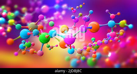 Modèle coloré et lumineux. Connaissances scientifiques de la molécule. Structure atomique abstraite pour la science ou le milieu médical. Illustration de la nanotechnologie 3D Banque D'Images