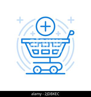 Chargement de marchandises dans l'icône de ligne vectorielle du panier. Roues de panier avec symbole plus en cercle. Acheter des produits de supermarché du marché et de la boutique. Application onlin Illustration de Vecteur