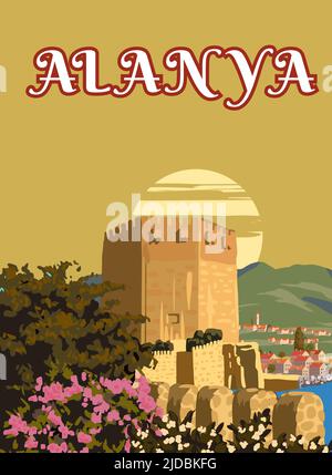Affiche rétro site d'Alanya, station de la Turquie, horizon au coucher du soleil. Carte postale, écriteau, vecteur de voyage touristique vintage Illustration de Vecteur