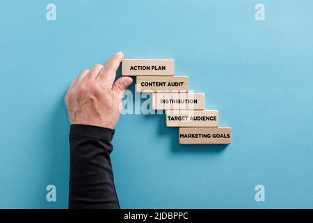 Concepts ou étapes clés pour développer une stratégie de contenu marketing efficace. Main mâle arrange une échelle en bois. Banque D'Images