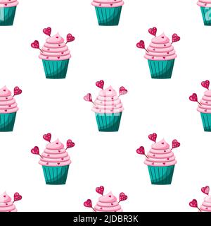 motif cupcake sans couture avec crème rose et bonbons en forme de cœur. illustration vectorielle Illustration de Vecteur