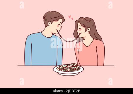 Un couple heureux ayant une date romantique au restaurant mangeant des pâtes ensemble. Homme et femme appréciant le romantisme au café. Illustration vectorielle plate. Illustration de Vecteur