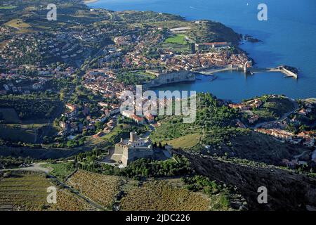 France, Pyrénées-Orientales Collioure, le port, le fort Saint Elme, (vue aérienne) Banque D'Images