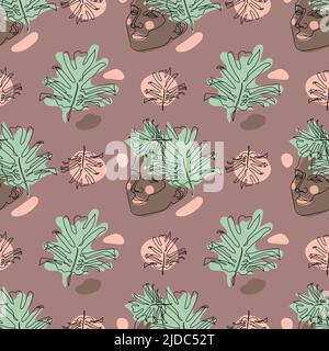 Motif sans couture avec des dessins à une seule ligne de la face femelle et des feuilles de monstère et des formes abstraites Illustration de Vecteur