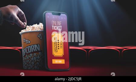 Application de réservation de billets de cinéma en ligne sur smartphone, pop-corn et places de cinéma en arrière-plan Banque D'Images