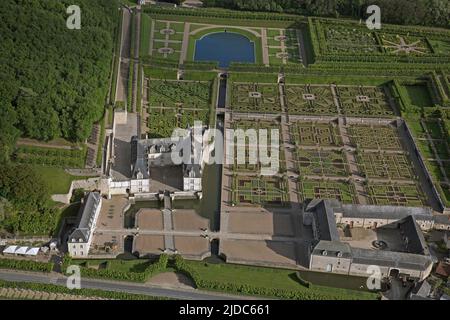 France, Indre-et-Loire, Villandry les jardins du château (vue aérienne) Banque D'Images